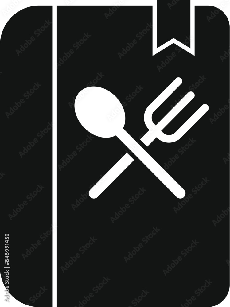 Black cookbook icon featuring a bookmark and crossed cutlery, representing recipes and culinary arts Black cookbook icon featuring a bookmark and crossed cutlery, representing recipes and culinary arts