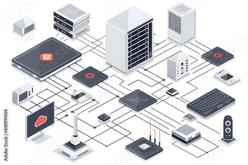 Fototapeta Naklejka Na Ścianę i Meble -  Interconnected Network System Diagram in Isometric Graphics Style on White Background