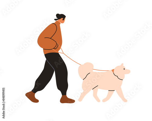 Man walking with dog. Pet owner holding leash, leading cute Samoyed breed, doggy companion, profile. Morning stroll with puppy, canine animal. Flat vector illustration isolated on white background