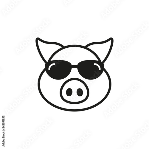 Cool pig with sunglasses. Front view. Outline vector isolated illustration on white background. Flat style and design.