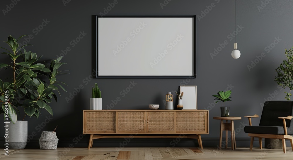Ultra-realistic 4K rendering of a minimalist black frame mockup on a dark grey wall, near a wooden sideboard with decor and a lamp. High detail closeup, embodying sleek and modern design .
