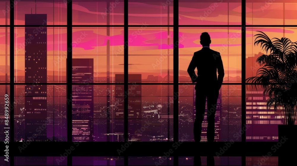 Silhouette of man in office building at sunset city view Silhouette of man in office building at sunset city view