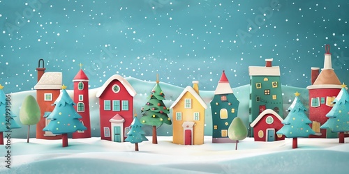 Wallpaper Mural 3d, a greeting card with houses and trees in the snow, colorful cartoon illustration of smiling characters, bold lines, simple shapes, flat design, textured illustrations, Christmas theme, Torontodigital.ca