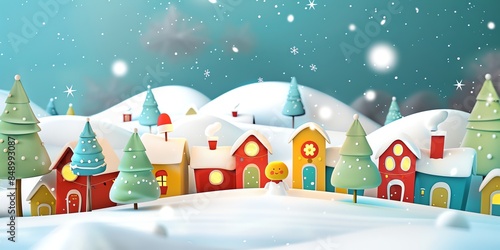 Wallpaper Mural 3d, a greeting card with houses and trees in the snow, colorful cartoon illustration of smiling characters, bold lines, simple shapes, flat design, textured illustrations, Christmas theme, Torontodigital.ca