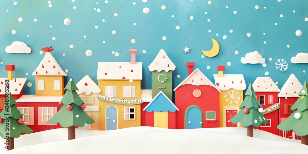 3d, a greeting card with houses and trees in the snow, colorful cartoon illustration of smiling characters, bold lines, simple shapes, flat design, textured illustrations, Christmas theme, 3d, a greeting card with houses and trees in the snow, colorful cartoon illustration of smiling characters, bold lines, simple shapes, flat design, textured illustrations, Christmas theme,