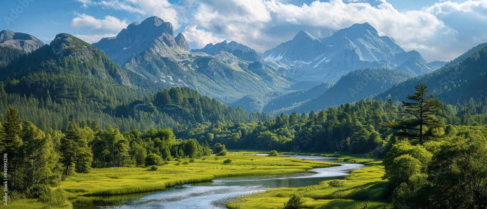 Fototapeta premium Explore rugged peaks, lush forests, winding rivers in serene mountain valley. Nature at its finest.
