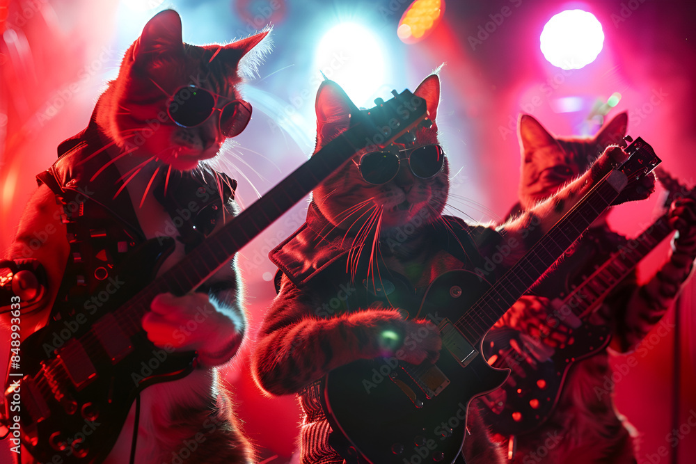 Group of cats that are standing next to each other with guitars in ...