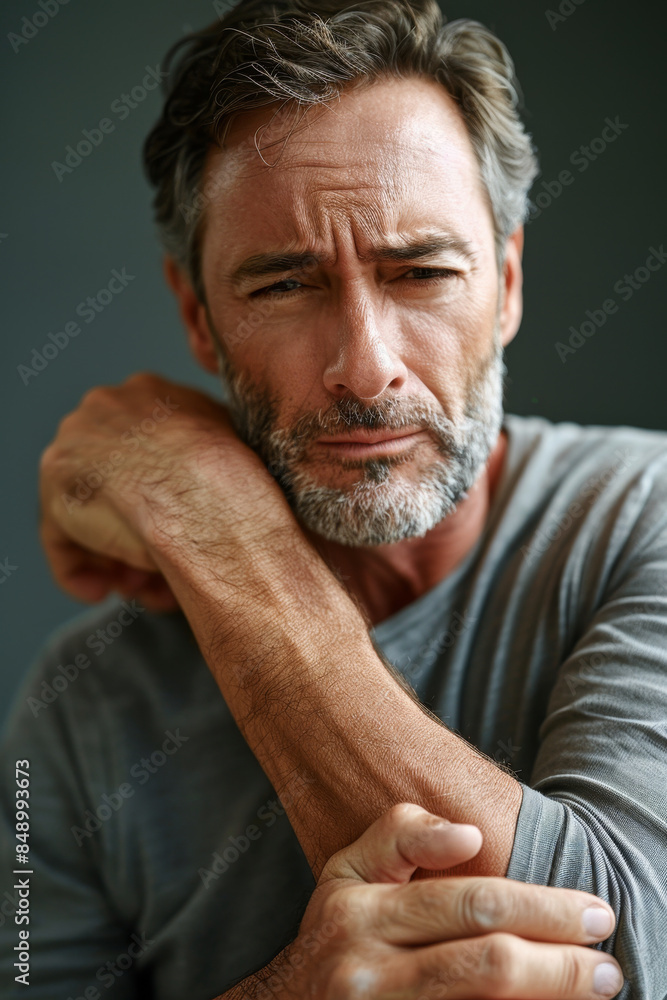 Fototapeta premium Man in pain holding elbow, copy space available for text overlay