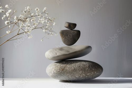 Discover the artful balance in irregularly shaped counterbalanced stones set against a calming gray background. A harmonious and intriguing composition.


 photo