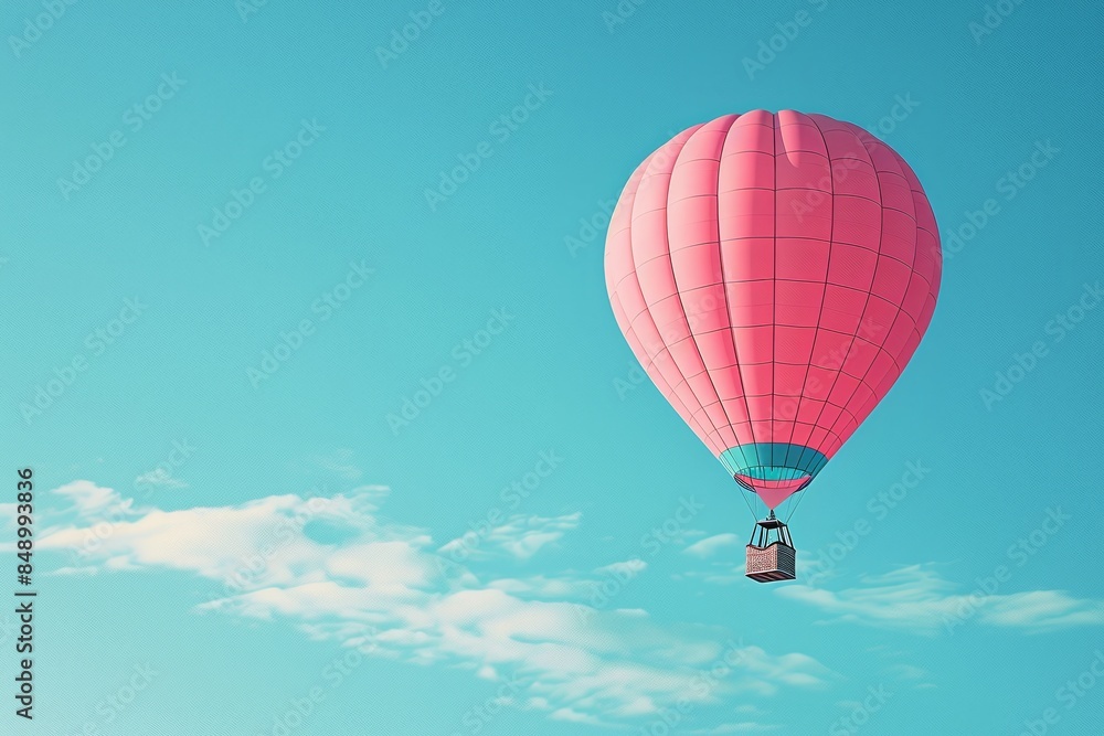 A pink hot air balloon floats in a blue sky. A pink hot air balloon floats in a blue sky.