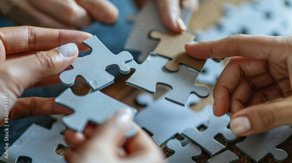 Hands holding puzzle pieces symbolize cooperation, teamwork, and strategic planning Hands holding puzzle pieces symbolize cooperation, teamwork, and strategic planning