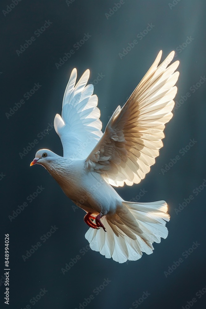 Fototapeta premium Graceful white dove symbolizing peace and freedom soaring against a dramatic blue sky.