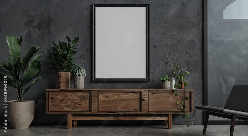 Ultra-realistic 4K rendering of a minimalist black frame mockup on a dark grey wall, near a wooden sideboard with decor and a lamp. High detail closeup, embodying sleek and modern design . Ultra-realistic 4K rendering of a minimalist black frame mockup on a dark grey wall, near a wooden sideboard with decor and a lamp. High detail closeup, embodying sleek and modern design .