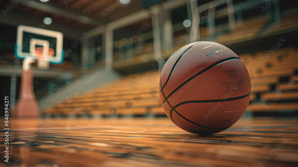 Basketball scene on indoor court with hoop, net, warm lighting Basketball scene on indoor court with hoop, net, warm lighting