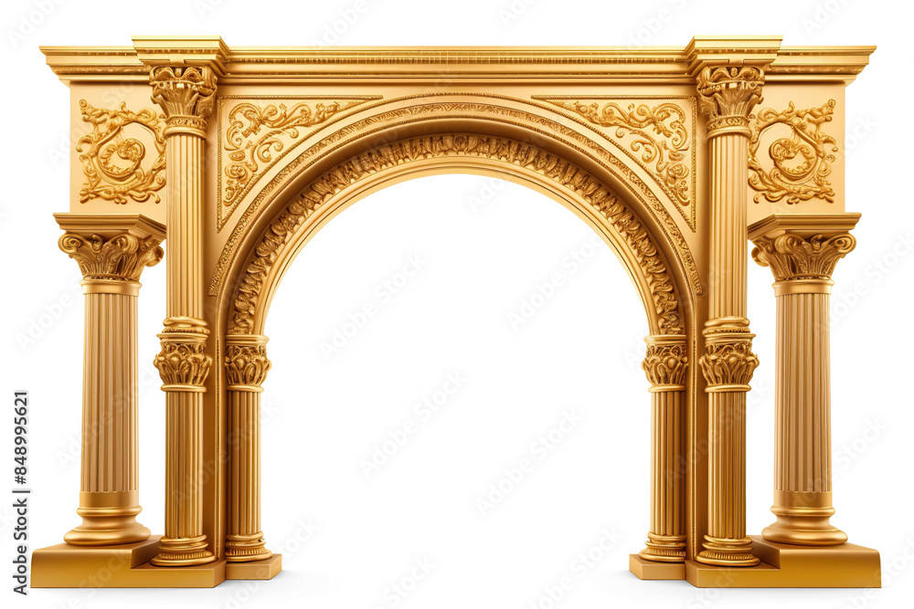 Obraz premium Golden ornamental arch with columns. Cut out on transparent 