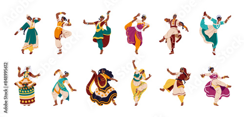 Indian dancers perform set. Women in sari show different traditional dances of India: bharatanatyam, odissi. People in national clothes move. Flat isolated vector illustrations on white background