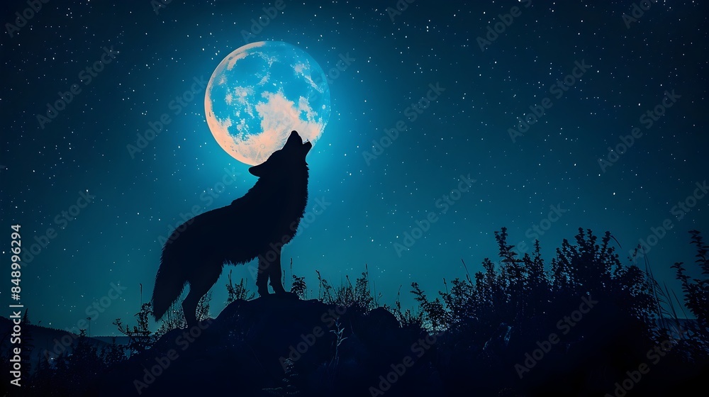 Majestic Wolf Howling at the Full Moon Under the Starry Night Sky Stock ...