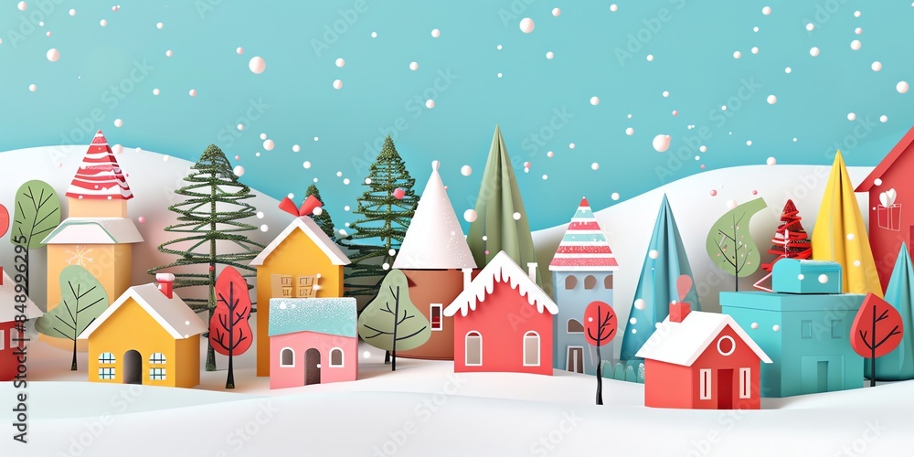 3d, a greeting card with houses and trees in the snow, colorful cartoon illustration of smiling characters, bold lines, simple shapes, flat design, textured illustrations, Christmas theme, 3d, a greeting card with houses and trees in the snow, colorful cartoon illustration of smiling characters, bold lines, simple shapes, flat design, textured illustrations, Christmas theme,