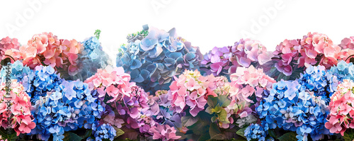 Colorful hydrangea flowers in shades of pink, purple, and blue, arranged in a beautiful gradient display.