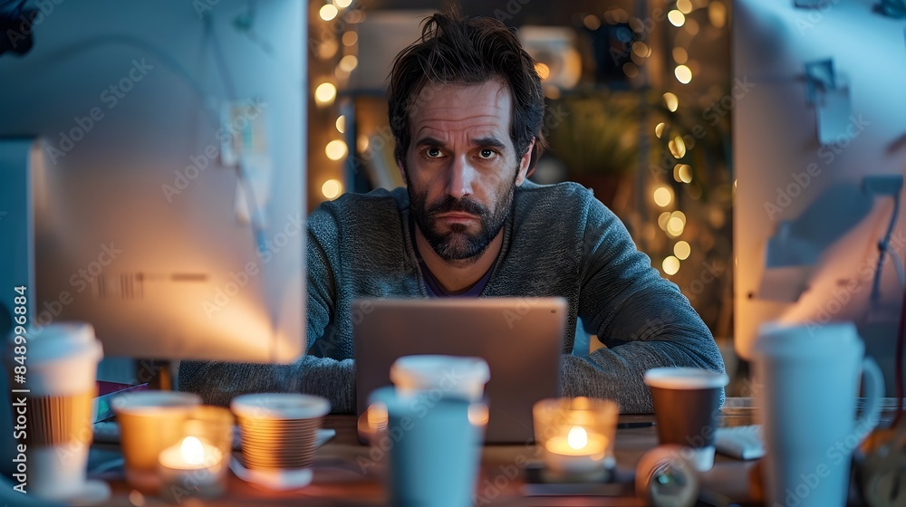 Exhausted Professional Stares at Computer Screen in Late Night Workspace Exhausted Professional Stares at Computer Screen in Late Night Workspace