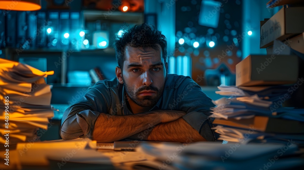 Overworked Office Employee Surrounded by Paperwork and Computer Screen Overworked Office Employee Surrounded by Paperwork and Computer Screen
