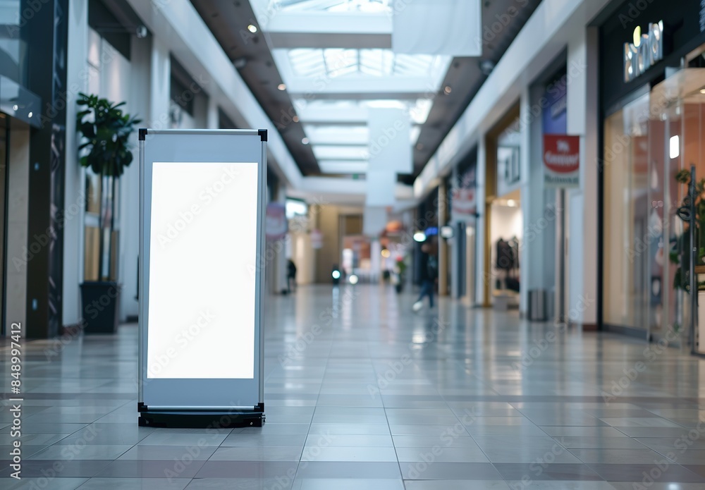 Blank white roll-up banner mockup in an empty shopping mall with soft lighting and neutral background. Positioned at eye level on its stand, it serves as a versatile template for digital marketing . Blank white roll-up banner mockup in an empty shopping mall with soft lighting and neutral background. Positioned at eye level on its stand, it serves as a versatile template for digital marketing .