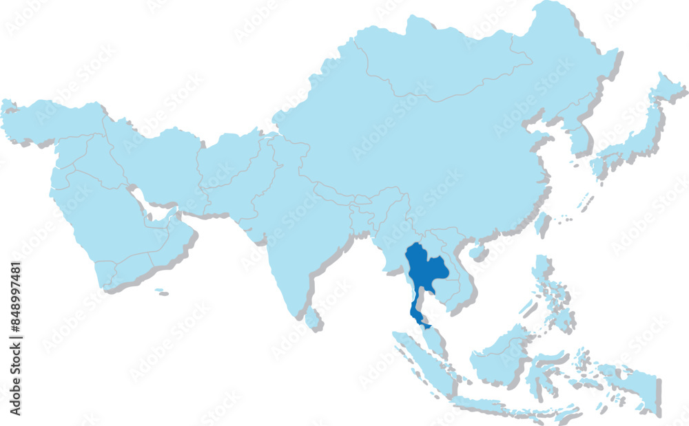Highlighted blue map of THAILAND inside light blue 3D blank political map of Asia orthographic projection on transparent background, without Russia Highlighted blue map of THAILAND inside light blue 3D blank political map of Asia orthographic projection on transparent background, without Russia