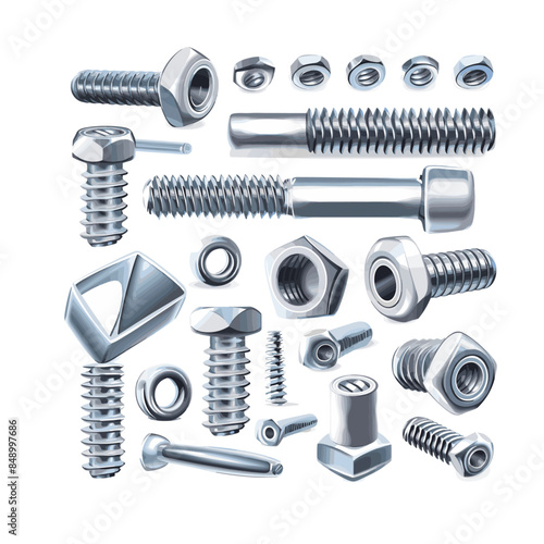 A collection of various nuts and bolts on a white background vector illustration design in high definition, with different types