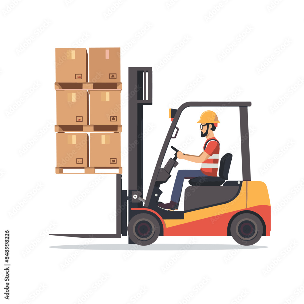 Cute cartoon vector forklift carrying boxes in the open cabin, the driver driving in an action pose Cute cartoon vector forklift carrying boxes in the open cabin, the driver driving in an action pose