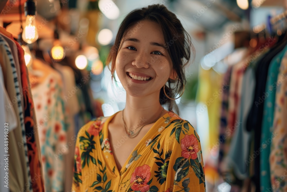 Smiling woman in a vibrant orange top, standing confidently in a stylish boutique. Smiling woman in a vibrant orange top, standing confidently in a stylish boutique.