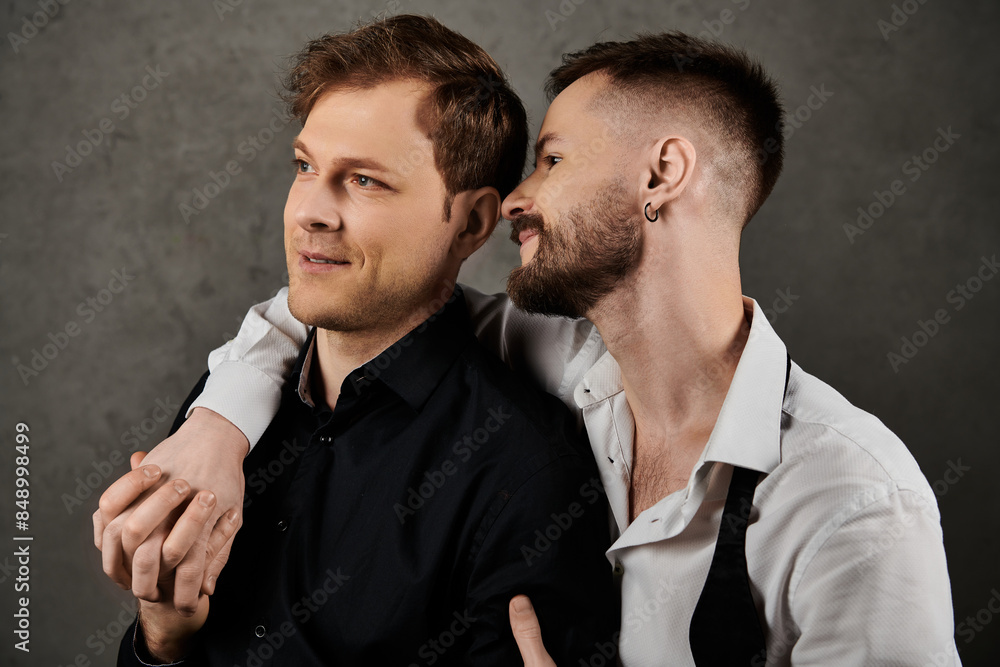 Two men in suits embrace each other in a tender moment. Two men in suits embrace each other in a tender moment.
