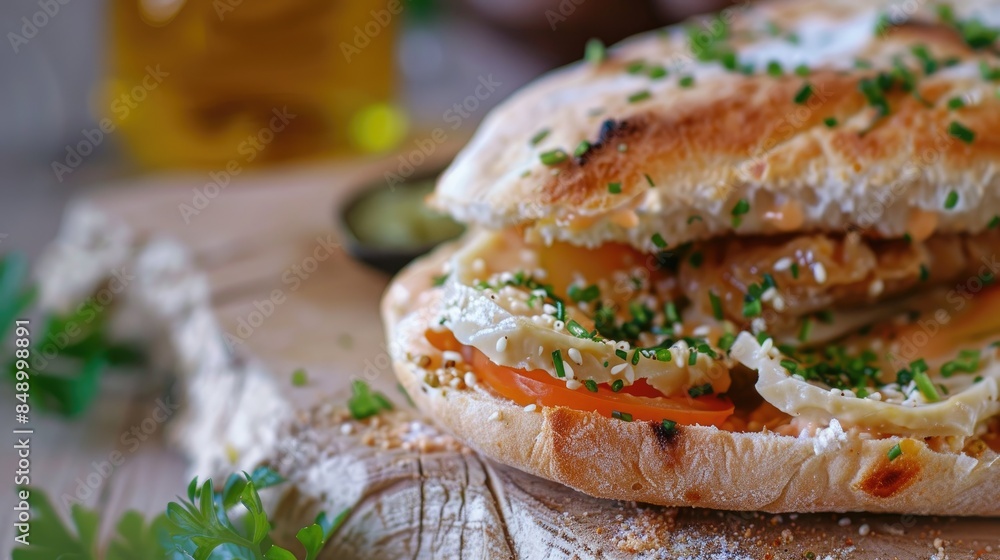 Close up image of a sandwich with cod liver pita bread and cheese on lavash roll Close up image of a sandwich with cod liver pita bread and cheese on lavash roll