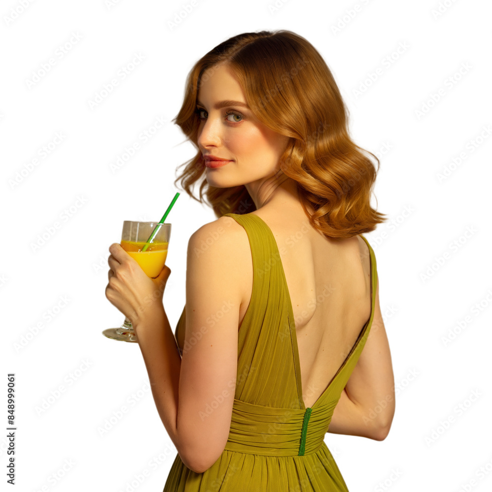 Elegant woman in green dress drinking juice on transparent background Elegant woman in green dress drinking juice on transparent background