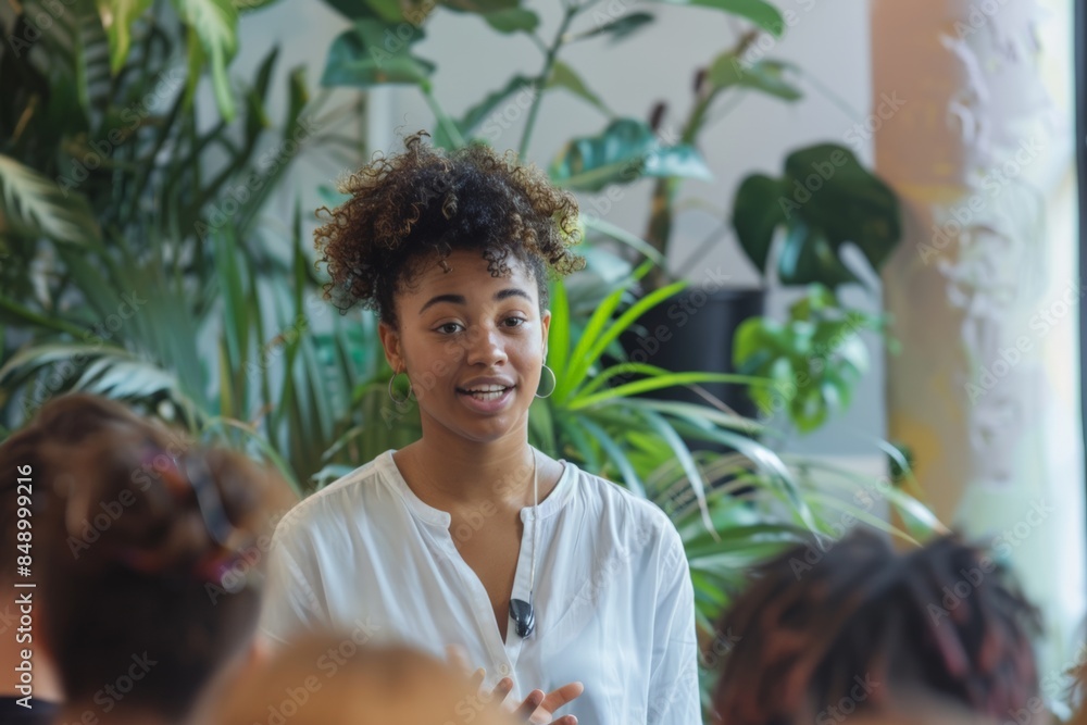Woman giving a presentation in a bright room with plants in the background, speaking to an attentive audience. Woman giving a presentation in a bright room with plants in the background, speaking to an attentive audience.