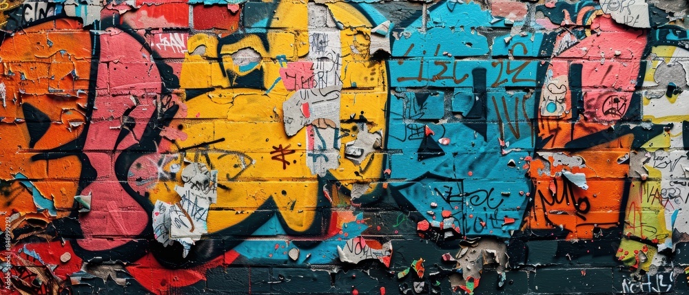 Fototapeta premium Closeup of graffiti tags and stickers, showcasing urban textures