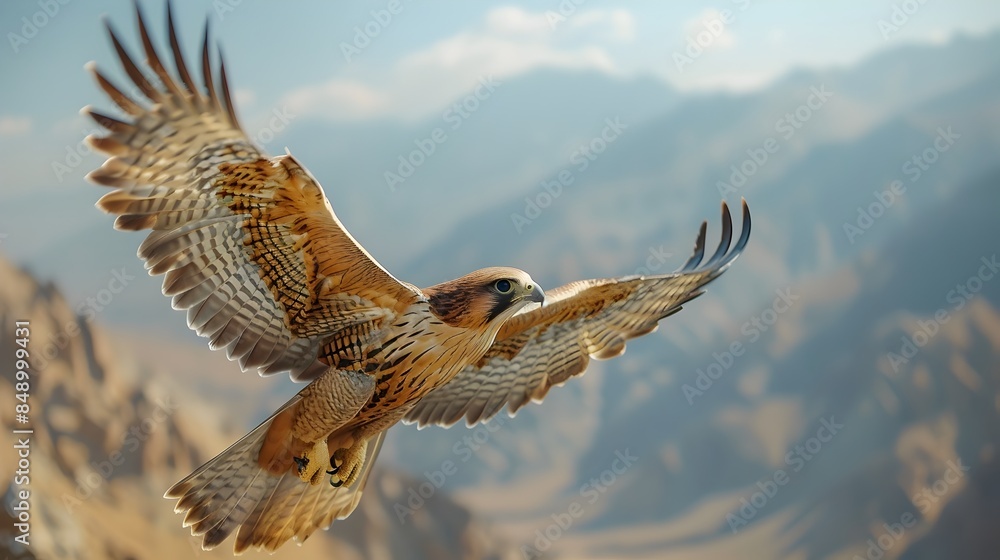 Obraz premium Majestic Falcon Soaring High Above the Rugged Mountain Peaks