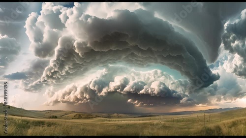 A storm cloud is rolling in over a field. The sky is dark and ominous, and the clouds are thick and heavy. Scene is tense and foreboding, as if something terrible is about to happen photo