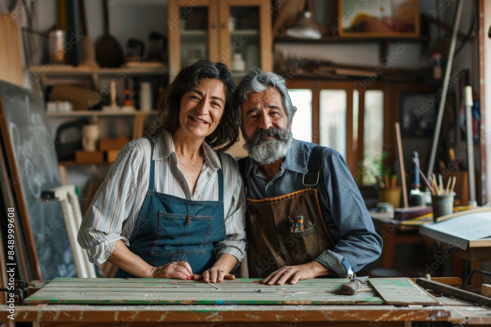 An older couple working together in a woodworking shop, smiling and enjoying their craft. An older couple working together in a woodworking shop, smiling and enjoying their craft.