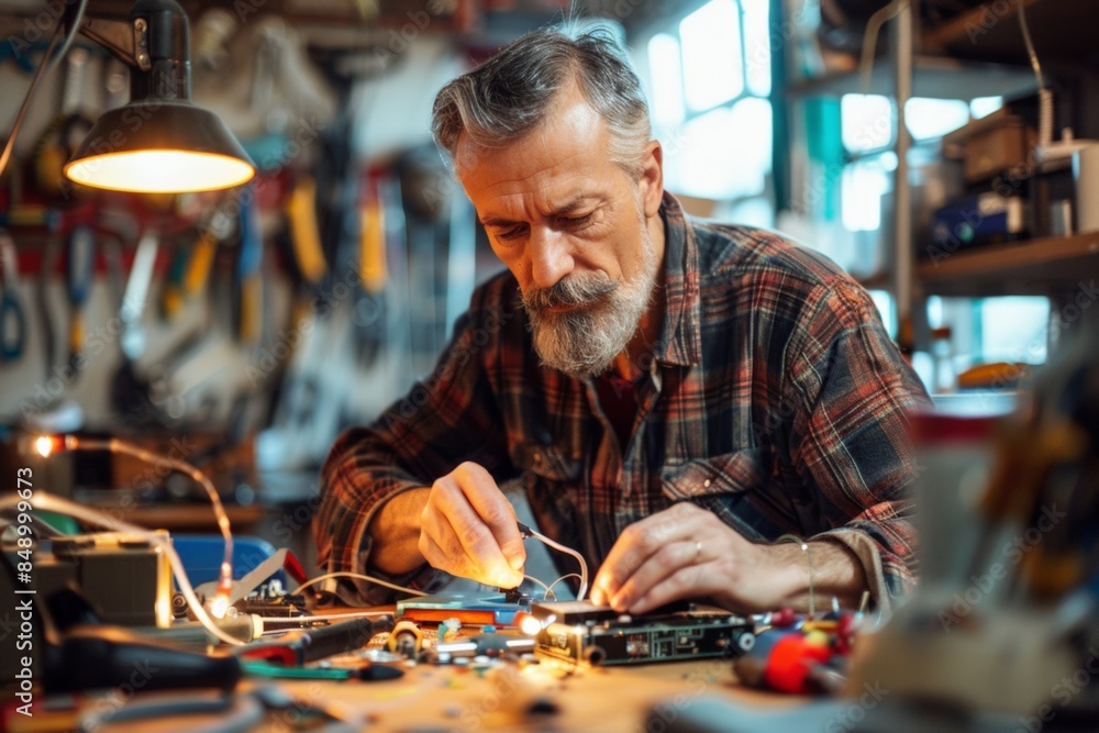 Older man working meticulously on an electronic circuit board, surrounded by tools in a workshop. Older man working meticulously on an electronic circuit board, surrounded by tools in a workshop.