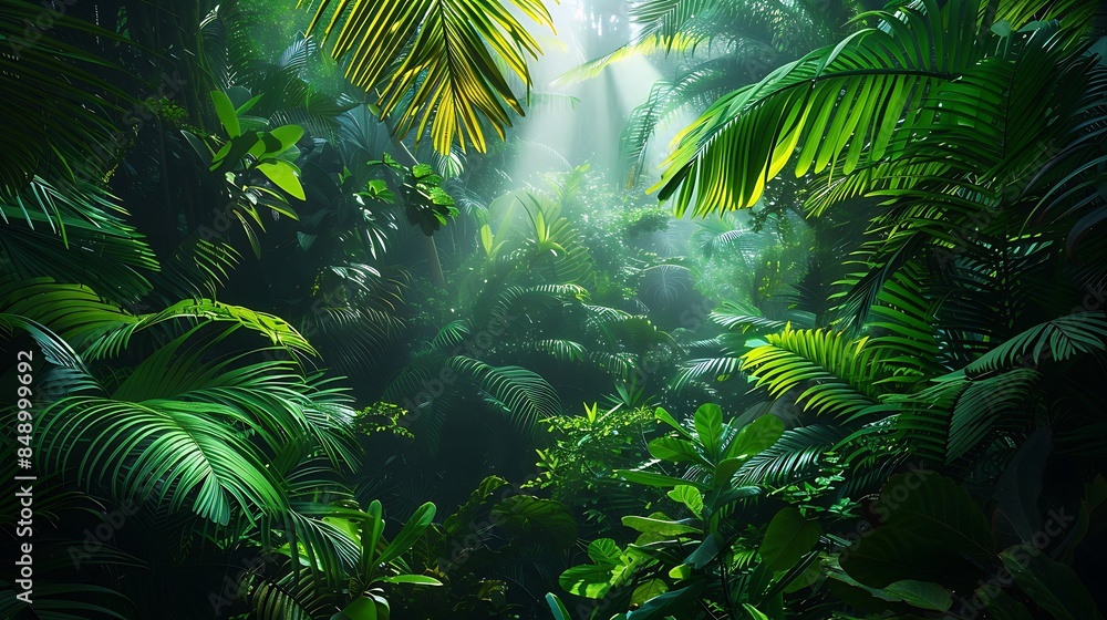 Fototapeta premium Dive into lush greenery and biodiversity of tropical jungles utilizing HDR techniques to capture the vibrant colors and intricate details of exotic flora and fauna