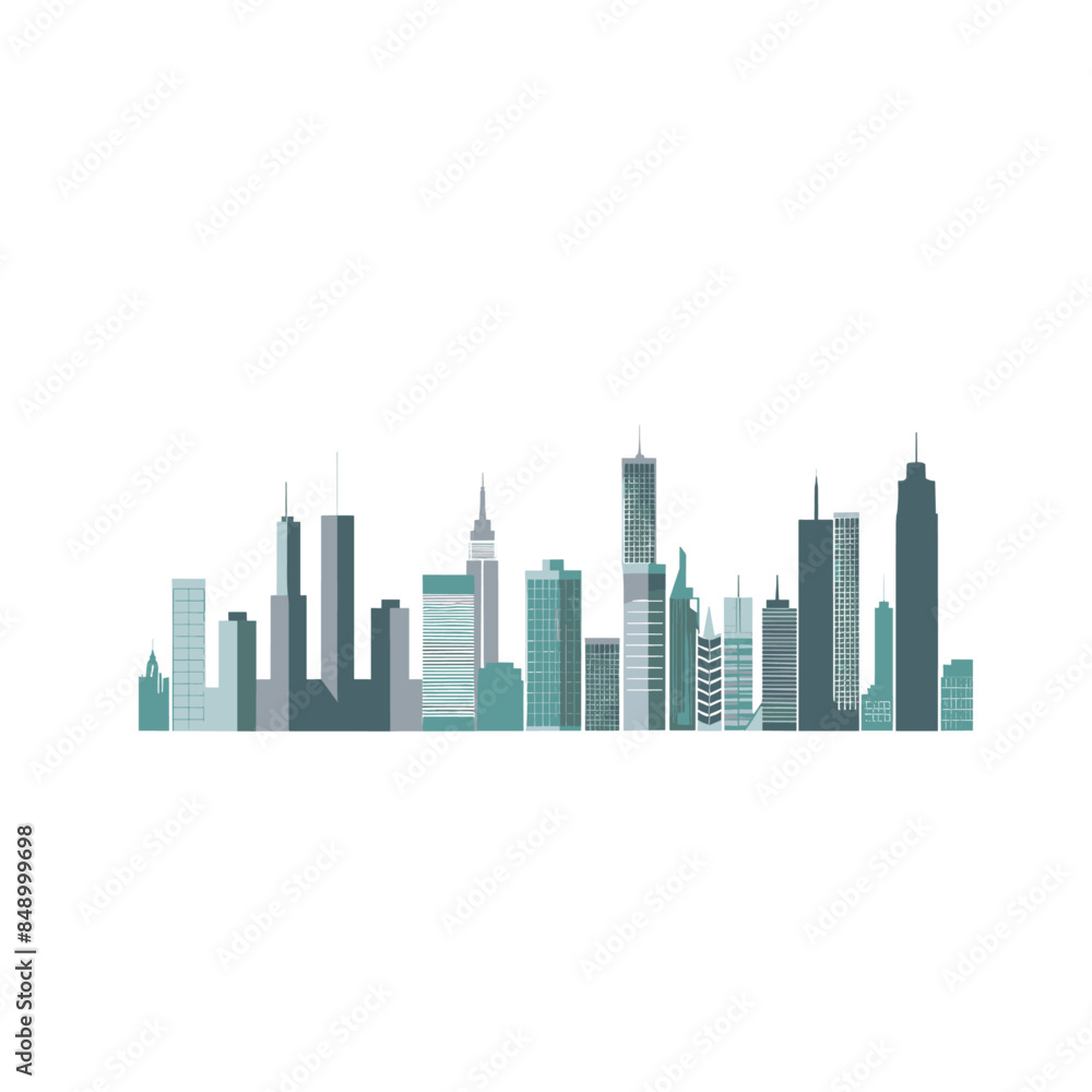 A vector illustration of the city skyline, featuring modern buildings in shades of teal A vector illustration of the city skyline, featuring modern buildings in shades of teal