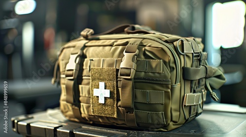 A military-grade first aid kit designed for tactical use, with rugged, durable packaging and specialized supplies for treating combat injuries or medical emergencies in high-risk environments.