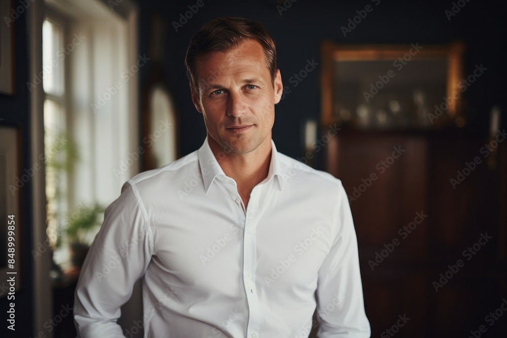 Portrait of a satisfied man in his 40s wearing a classic white shirt in front of scandinavian-style interior background Portrait of a satisfied man in his 40s wearing a classic white shirt in front of scandinavian-style interior background