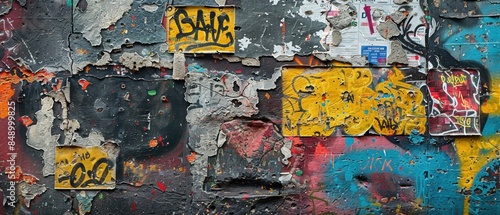 Closeup of graffiti tags and stickers on a weathered wall, rich in texture and colors, showcasing urban street culture