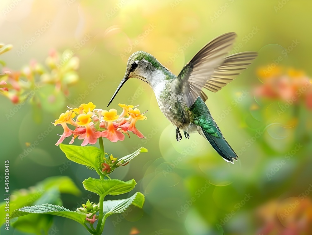 Fototapeta premium A Hummingbird Hovering Near Vibrant Flowers Capturing Delicate Grace in Motion