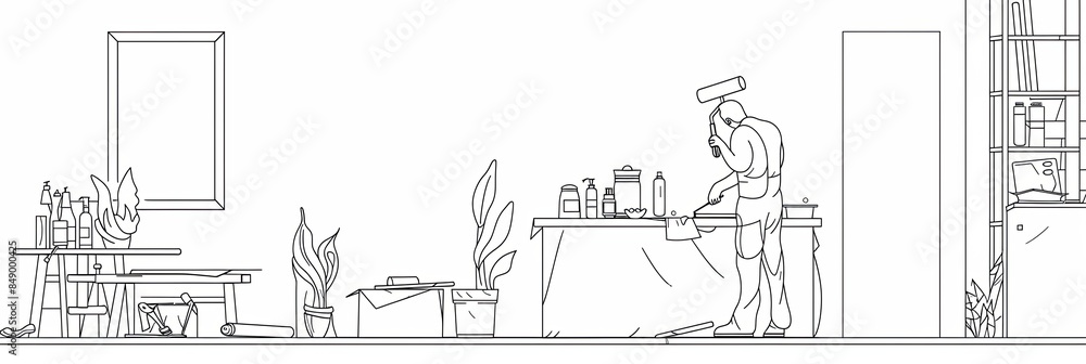 A continuous one-line drawing depicts a painter working inside a house, preparing to paint a wall with a roller. Generative AI A continuous one-line drawing depicts a painter working inside a house, preparing to paint a wall with a roller. Generative AI