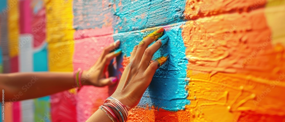 Fototapeta premium Closeup of hands creating graffiti art on a wall