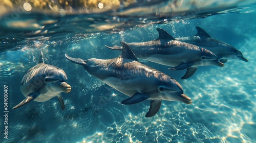 Playful Dolphins Swimming in Crystal Clear Bay Joy and Freedom of Aquatic Adventure