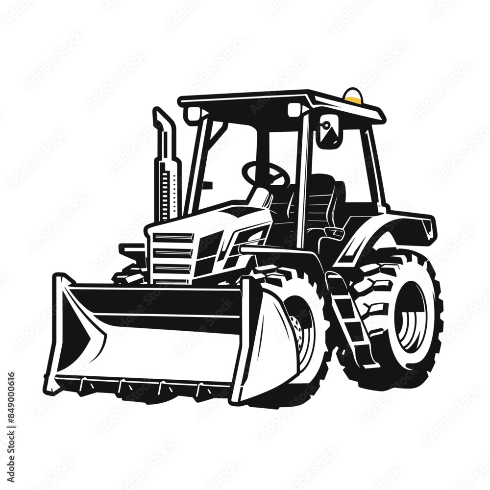 Simple black and white vector graphic of an electric tractor, with thick lines isolated Simple black and white vector graphic of an electric tractor, with thick lines isolated