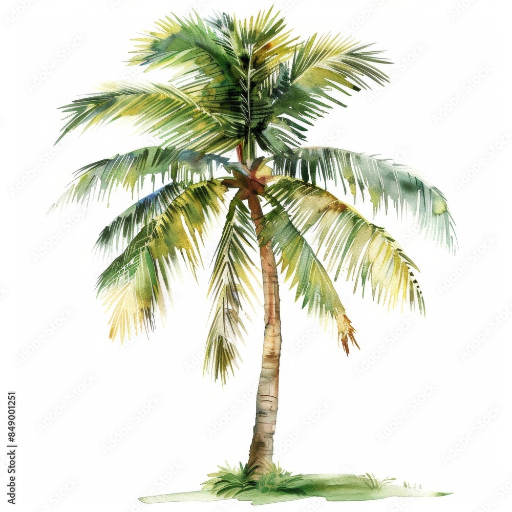 Vibrant watercolor clipart of a single tropical palm tree isolated on a white background, perfect for tropical-themed designs Vibrant watercolor clipart of a single tropical palm tree isolated on a white background, perfect for tropical-themed designs